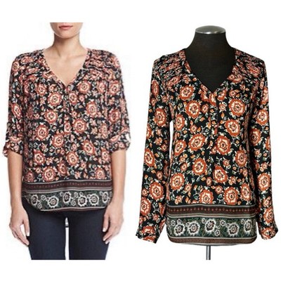 Black Rainn   Pleated Floral Long Sleeve V-Neck Blouse   Medium - Daniel Rainn