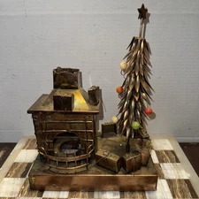 Music Box Copper Sankyo We Wish You A Merry Christmas Tree Fireplace Vintage