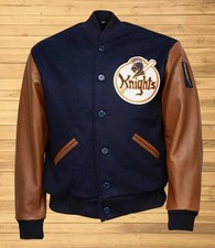 Lettermen Kni-ghts Navy Blue Wool & Brown Leather Sleeves Varsity Jacket For Men