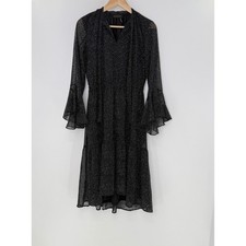 Donna Karan Black Polka Dot Bell Sleeve Midi Tie Neck Dress
