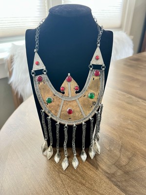 Vintage Persian-Turkmen Bib Necklace Jeweled Glass Brass and Metal Handmade