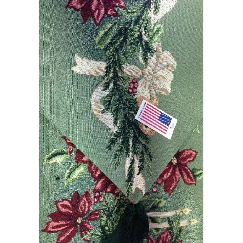 Poinsettia Christmas Table Runner Woven Tapestry Candles Bow Garland NWT 13x72" - Image 4 of 4