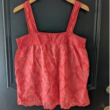 Joie Coral Smocked Square Neck Tank Top Floral Print Silk Cotton Blend Womens L