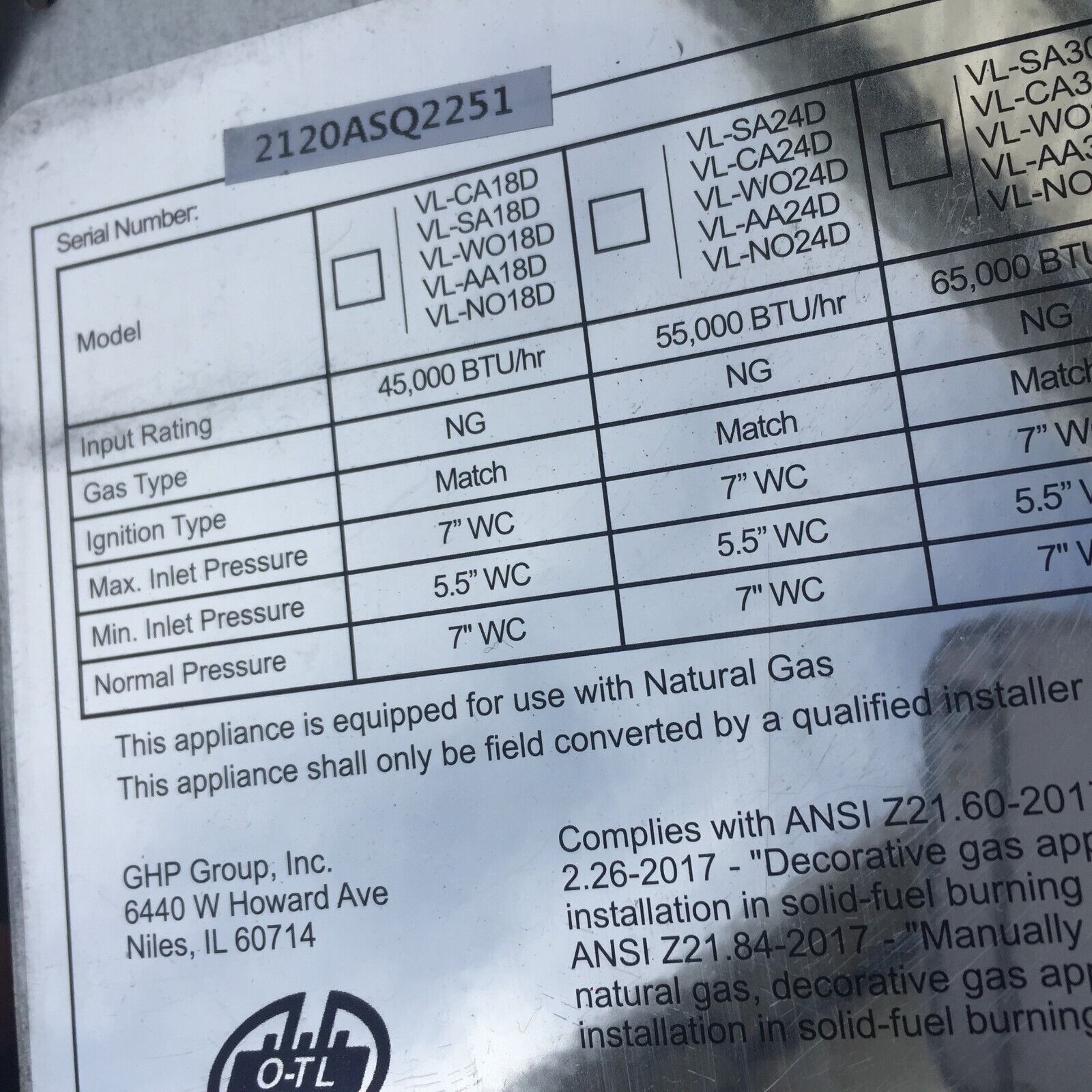 Fireplace Vented Gas Log Set Insert Rack 13W x 22L  NO LOGS