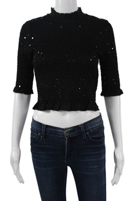 Sandro Women Cropped Mock Neck Black 3/4 Sleeve Top Size 0