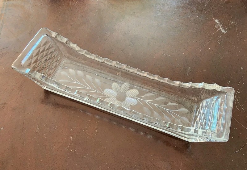 526.  Vintage Clear Cut Glass Flower Leaves 7 1/2" Sugar Cube Tray