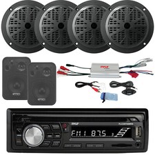 Pyle PLCDBT95 Marine Radio, 4x 5.25" 100W Speakers 2x Box Speakers Blk, 400W Amp