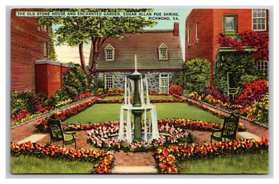 Edgar Allan Poe Shrine Enchanted Garden Richmond Virginia VA Linen Postcard Z2