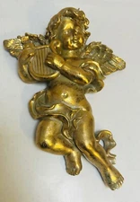 Cherub Golden Angel Harp Wall Plaque Hanging Decor Resin
