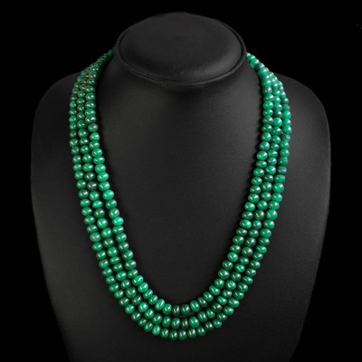 TRUELY AWESOME 433.00 CTS NATURAL 3 STRAND GREEN EMERALD BEADS NECKLACE (DG)