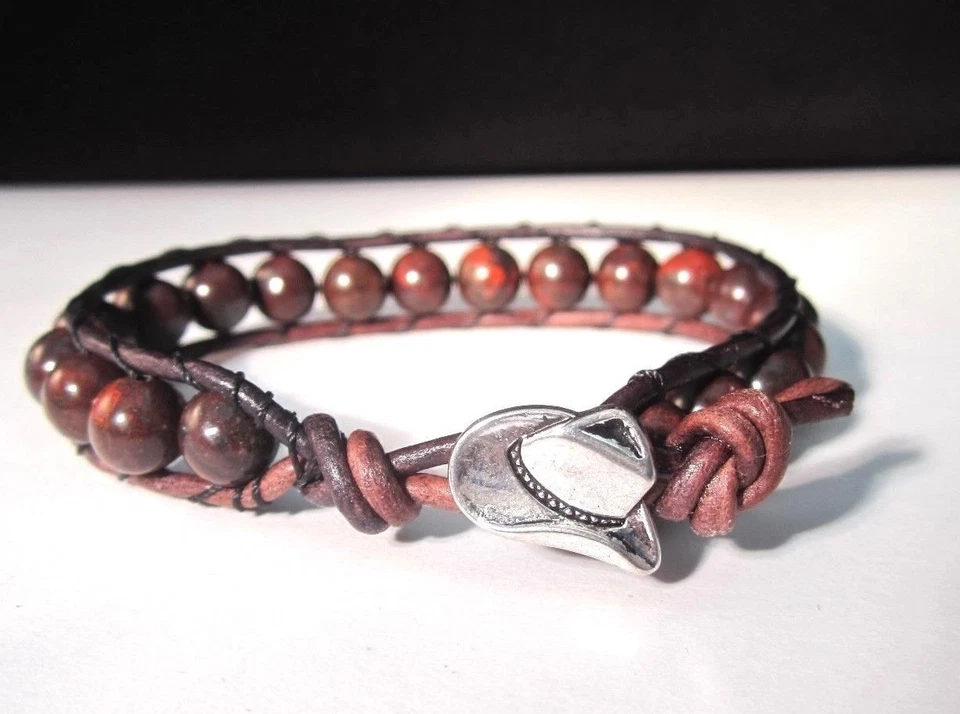 Men's Women's Western Cowboy Antique Brown Leather Bloodstone Wrap Bracelet  - Image 2 of 4