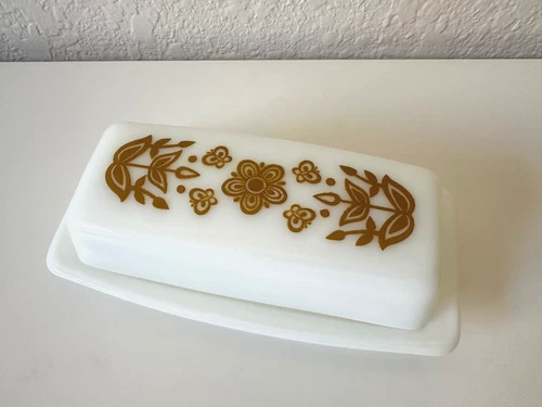 Pyrex Butter Dish W/ Lid Butterfly Gold Vintage Milk White