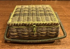 Vintage Wicker Sewing Basket Green With Contents