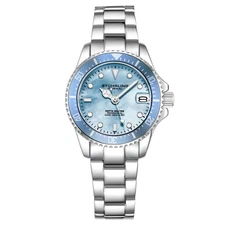 Stuhrling 3950L 3 Light Blue Mother of Pearl Date Stainless Steel Womens Watch