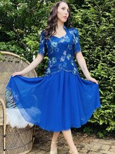 Vintage 1980s Party Dress Blue Lace Floral Bodice Floaty Midi Length Size 10