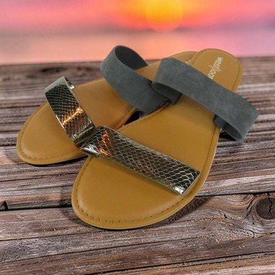 West Loop Sandals WOMENS SM (5-6) Gray Metallic Strap Slide Flats Cushioned NWT