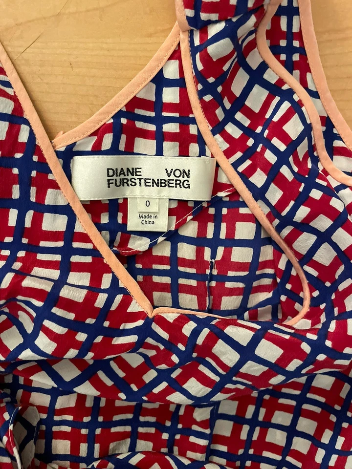 DVF Diane Von Furstenberg Abel Check Cerise Romper Sz Silk Red White Blue AB8 - Image 3 of 4