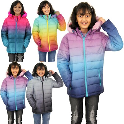 Kids Girls Puffer Jacket Faux Fur Hooded 3D Two Tone Festive Warm Coat 5-13 Year