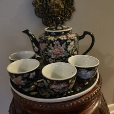 Mid-Century Chinese Famille Noire Porcelain Tea Set Pot & 4 Cups Hand Painted