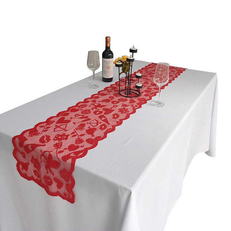 2pcs Vintage Red Heart Lace Table Runner Wedding Valentine's Day Decor 33x183cm - Image 2 of 4