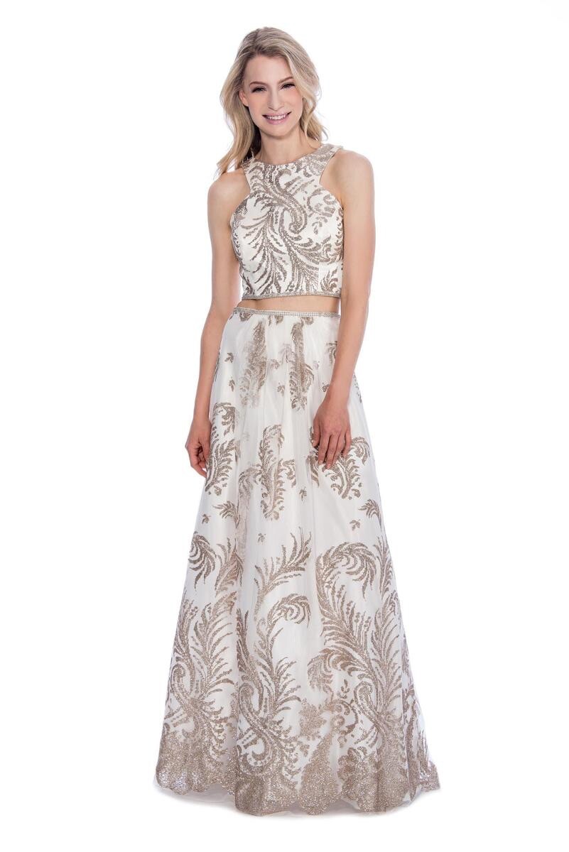 white and gold two piece dress Camille La Vie Gold prom dresses