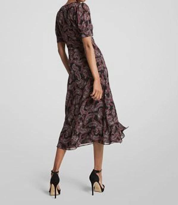 Abito Michael Kors da donna nero paisley collo a V bottone anteriore $196 taglia M