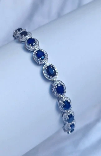 Blue Sapphire Oval Zircon Halo Bracelet 925 Sterling Silver Handmade Jewelry