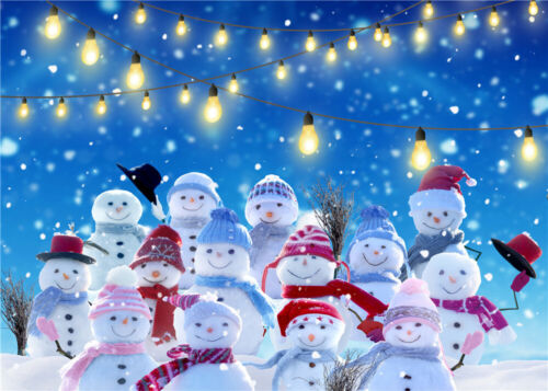 Christmas Lights Garland Cute Snowman Backdrop Vinyl Photo Background   - Afbeelding 1 van 13