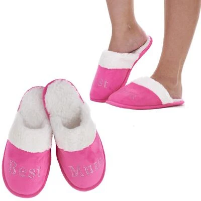 KEANU Damen BEST MUM Diamante Fuchsia rosa Pantoletten Hausschuhe Kunstfell gefütterte Borte Geschenk