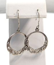 VTG Openwork Sterling Silver Artisan Made 1.75" Drop Hoop Pierced Earrings