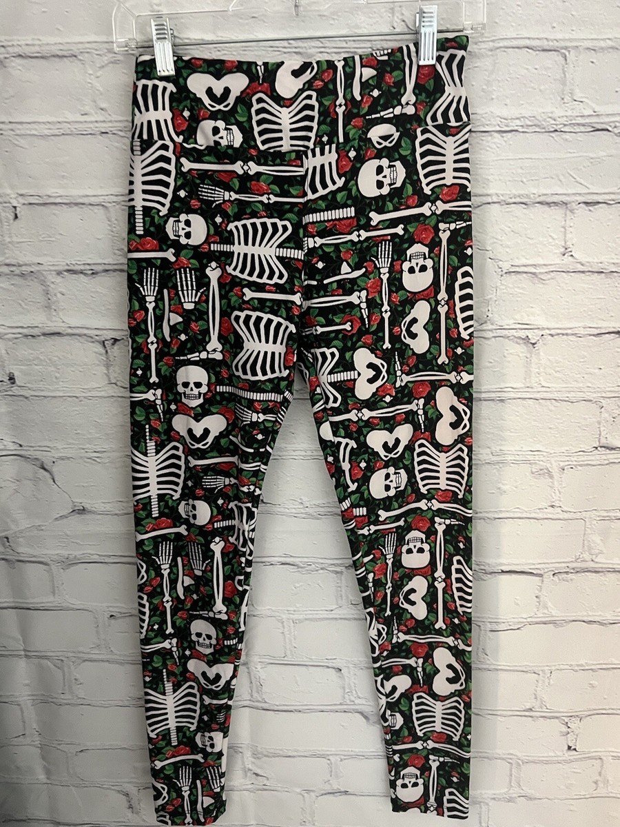LuLaRoe Black/Red/White/Green Bones Roses Leggings STRETCH Soft Women's  O/S