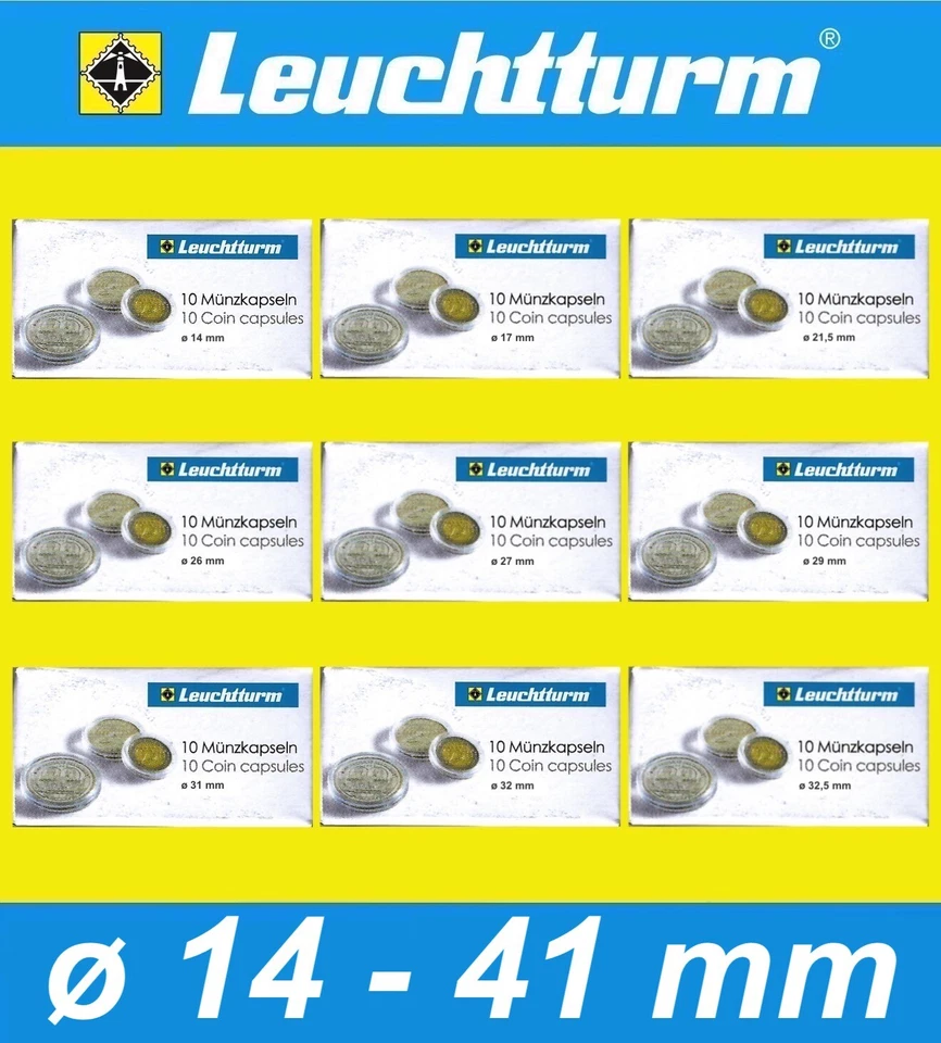 Leuchtturm Münz-Kapseln Ø 14 - 41mm AUSWAHL 10er Pack Dosen, KOSTENLOSER VERSAND