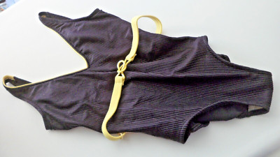 Vtg JANTZEN One Piece Swimsuit Solid Black & Yellow Belted Sz 8 70 s 80 s FREE S