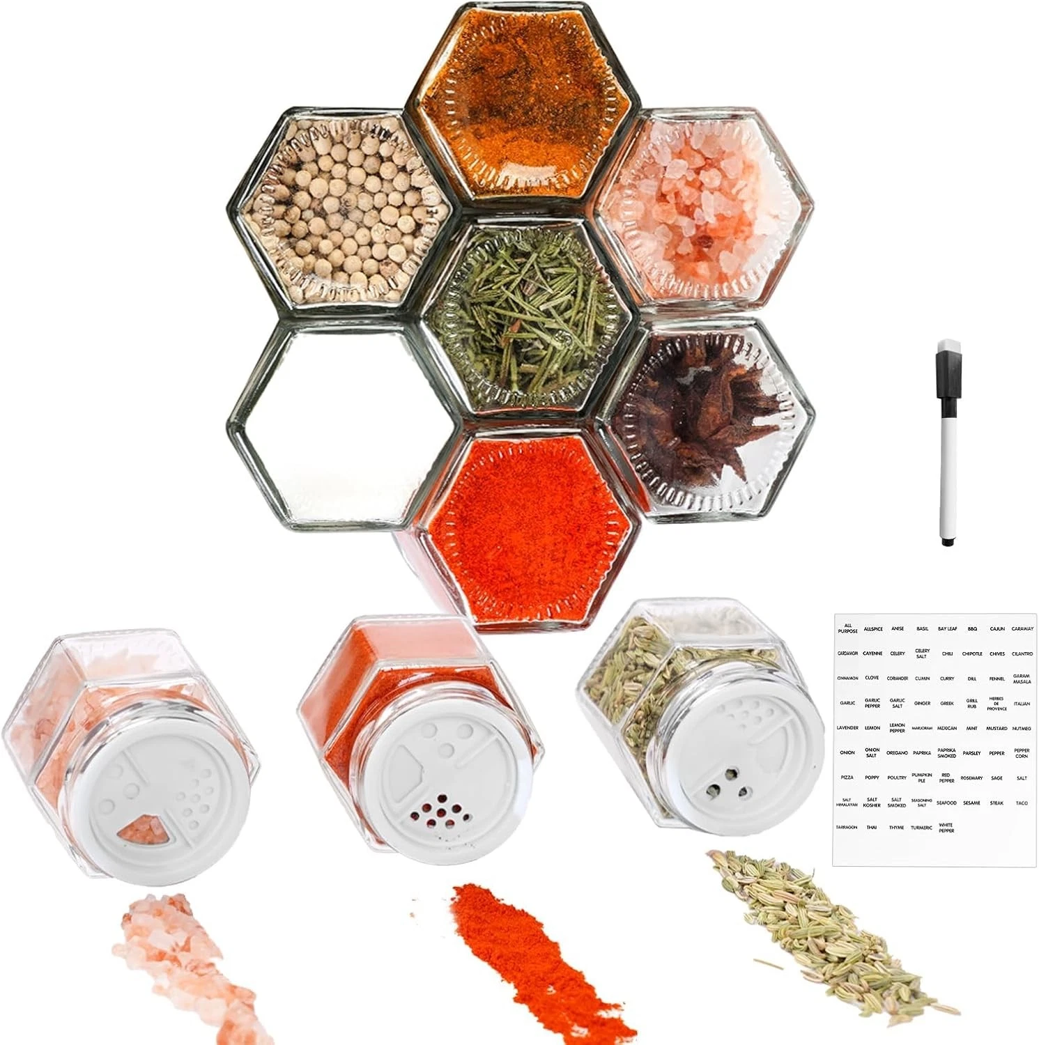 Set of 10 Magnetic Spice Jars Refrigerator Glass Small Hexagon Magnet Seasoning