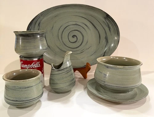 LOT 5 Pcs Sage Green MCM Red Wing EBB TIDE Bowl, Platter, Pitcher, Cups EXC COND