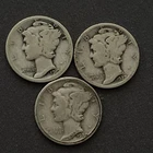 3 US Silver Coins 1919,1927,1929 Mercury 10 Ten Cent Dime 90% Silver Circulated
