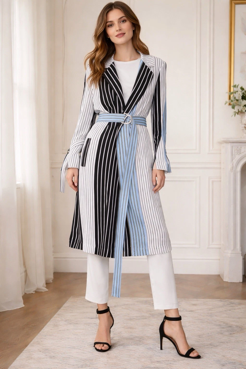 NWT BCBGMAXAZRIA Striped Trench Coat Belted Crepe Black Blue White M
