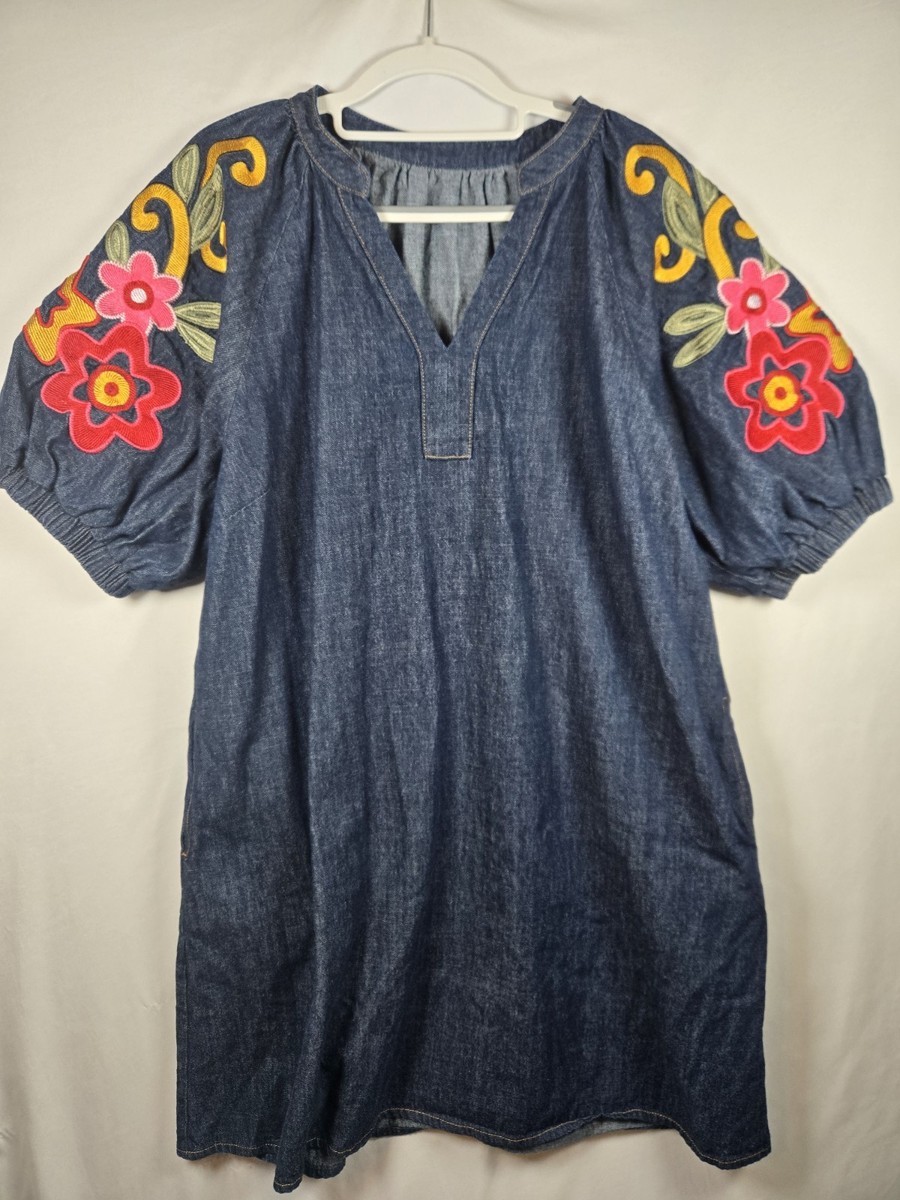 Floral Embroidered Denim Pocket Dress Womens Large Preppy Mini Boho Hippie