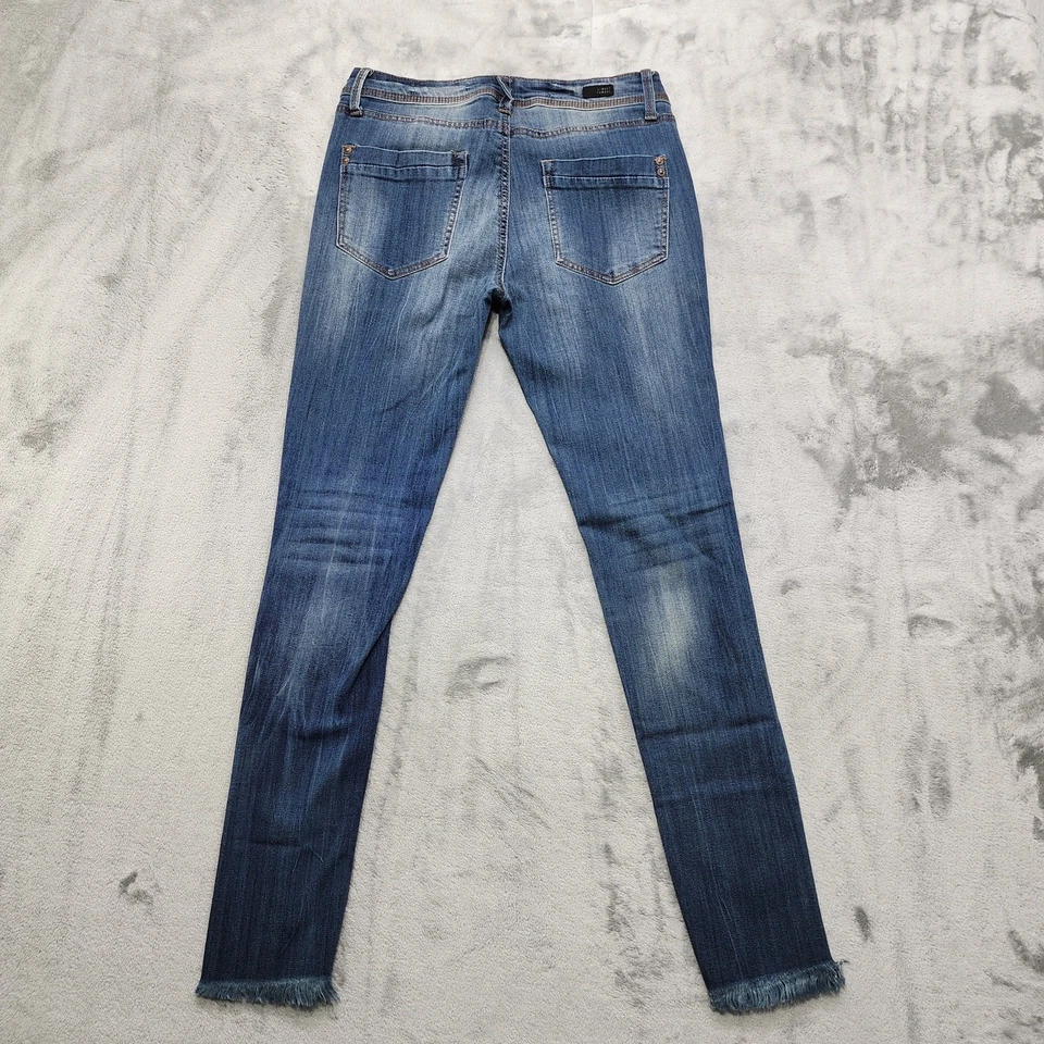 Jeans feminino quase famoso 11 juniores azul cintura média punho rolante magro desgastado - Imagem 3 de 4