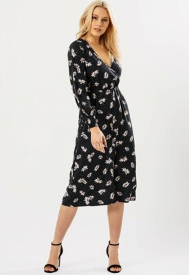 Womens Ladies Black Floral Long Sleeve Wrap Midi Dress | eBay Womens Ladies Black Floral Long Sleeve Wrap Midi Dress | eBay