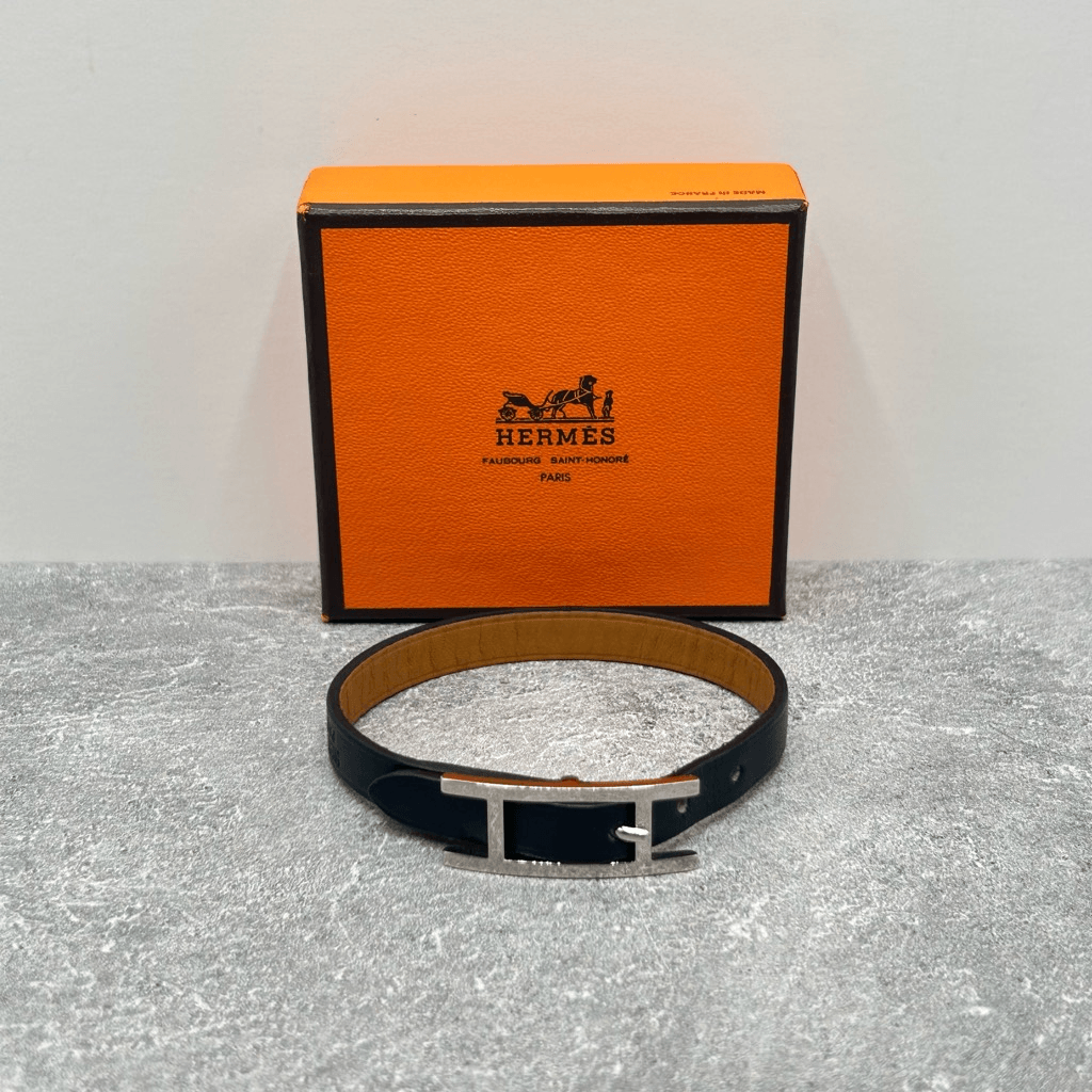 NWT Authentic Hermes Reversible Black Leather Behapi Bracelet With Box