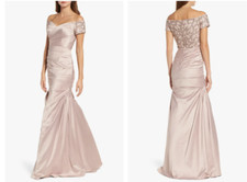 LA FEMME Champagne Beaded Off Shoulder Pleated Satin Mermaid Maxi Gown Dress 6