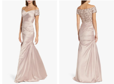LA FEMME Champagne Beaded Off Shoulder Pleated Satin Mermaid Maxi Gown Dress 6