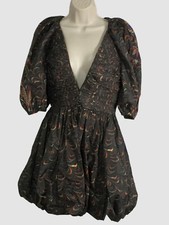 $795 Ulla Johnson Women's Green Gwen Abstract Print Puff Sleeve Dress Size 0