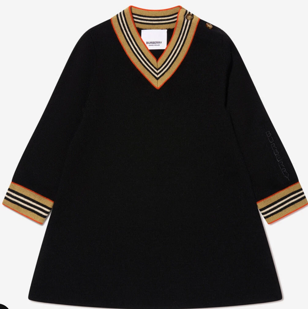 Abito maglione nuovo con etichette Burberry bambino bambina 18 m lana nera lavorato a maglia stagione in corso $480