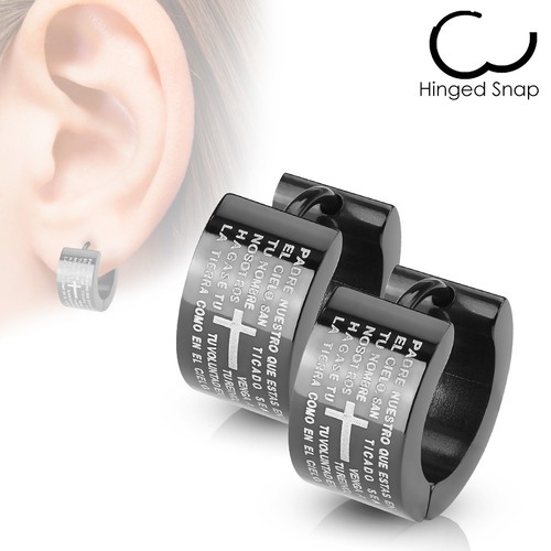 Pendientes aro abragie negros de acero quirúrgico para hombre con oración del Señor Padre Nuestro | eBay