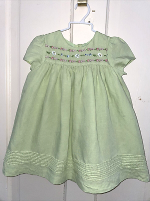 lime green infant dress Good Lad Baby Girl 24 Mo linen embroidered slip lined VGC YGroup_11204
