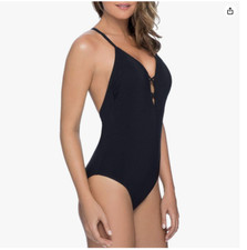 Profile by Gottex Women's Deep V-Neck One Piece Swimsuit 6 Black NWT 120