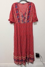 Pretty Garden Red Floral Short Sleeve Maxi Dress XL Cottagecore Boho Feminine 