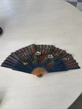 Antique 17 inch Folding Hand Fan Floral Painted Silk and Bamboo Ribs